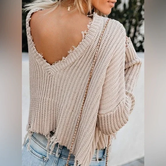 Women’s Waffle Knit Tassel Hem Pull Over Sweater - Picture 2 of 4